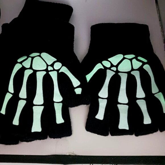 Skeleton Print Fingerless Goth Gloves-Black TWO Pair Unisex New - Picture 9 of 10